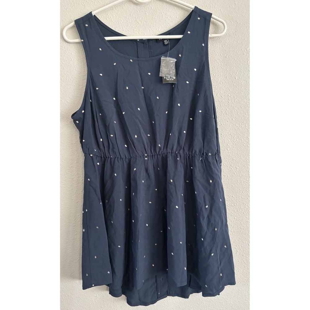 Torrid 00 10 M/L Navy Blue Gold Foil Dot Sleeveless Babydoll Tunic Top NWT